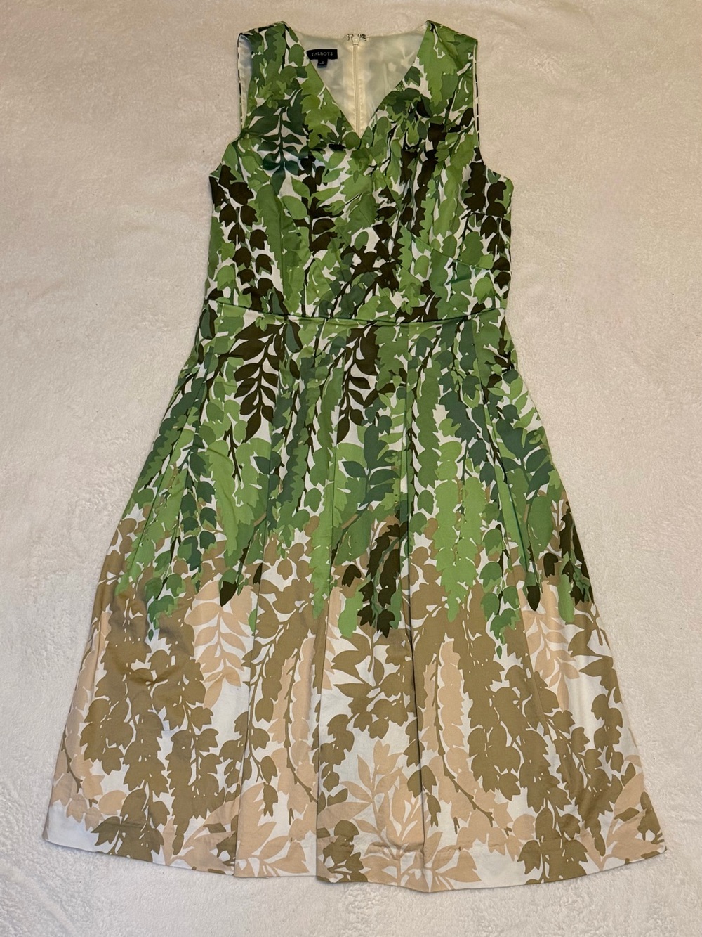 Talbots Green and Tan Leaf-Print Sleeveless Fit & Flare Midi Dress Size 4